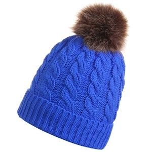Blue Faux Fur Pom Pom Hat For Women